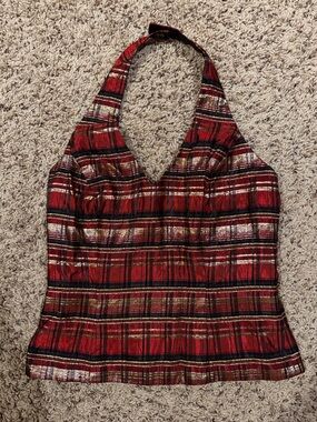 Xscape size 4 red gold and black fitted halter top with zipper closure